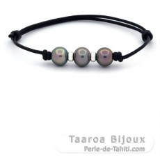 Leather Bracelet and 3 Tahitian Pearls Semi-Baroque C from 9.4 to 9.8 mm