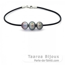 Rubber, Sterling Silver Bracelet and 3 Tahitian Pearls Semi-Baroque B from 9.8 to 11 mm