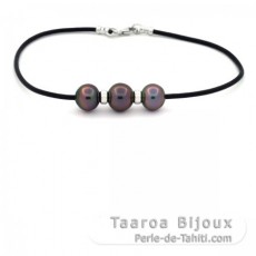 Rubber, Sterling Silver Bracelet and 3 Tahitian Pearls Semi-Baroque B from 9.5 to 10 mm