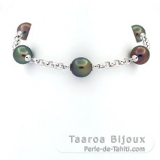 Rhodiated Sterling Silver Bracelet and 5 Tahitian Pearls Semi-Baroque A from 9.7 to 10 mm