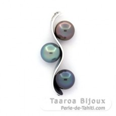 18K Solid White Gold Pendant and 3 Tahitian Pearls Round B+ from 8.7 to 8.8 mm