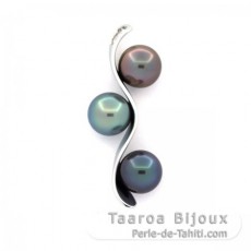 18K Solid White Gold Pendant and 3 Tahitian Pearls Round B+ from 8.7 to 8.8 mm