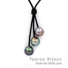 Leather Necklace and 3 Tahitian Pearls Semi-Baroque C from 9.8 to 9.9 mm