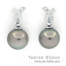 Rhodiated Sterling Silver Earrings and 2 Tahitian Pearls 1 Round & 1 Near-Round B/C 9.1 and 9.3 mm