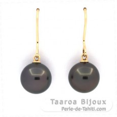 18K solid Gold Earrings and 2 Tahitian Pearls Round B/C 10.1 mm