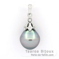 Rhodiated Sterling Silver Pendant and 1 Tahitian Pearl Ringed C 10.5 mm