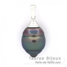 Rhodiated Sterling Silver Pendant and 1 Tahitian Pearl Ringed C 12.7 mm