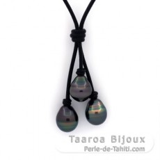 Leather Necklace and 3 Tahitian Pearls Ringed C from 10.5 to 10.8 mm
