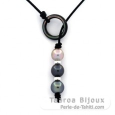 Leather Necklace and 3 Tahitian Pearls Semi-Baroque C from 9.2 to 10.3 mm