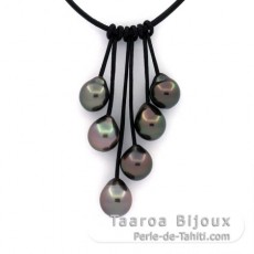 Leather Necklace and 6 Tahitian Pearls Semi-Baroque B/C from 8.6 to 9.4 mm