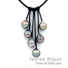 Leather Necklace and 6 Tahitian Pearls Semi-Baroque B/C from 9.3 to 9.7 mm