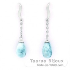 Rhodiated Sterling Silver Earrings and 2 Larimars - 9.9 x 6.2 mm - 1.2 gr