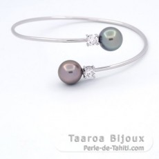 Rhodiated Sterling Silver Bracelet and 2 Tahitian Pearls Round C 11 mm