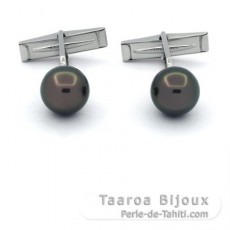 Rhodiated Sterling Silver Cufflinks and 2 Tahitian Pearls Round C 10.5 mm