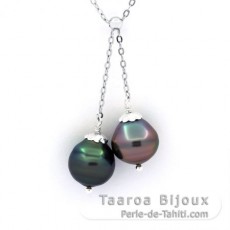 Rhodiated Sterling Silver Necklace and 2 Tahitian Pearls Ringed B/C from 10.6 to 10.8 mm