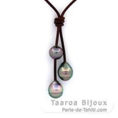 Leather Necklace and 3 Tahitian Pearls Ringed C from 9 to 10 mm