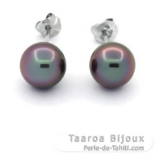 18k solid White Gold Earrings and 2 Tahitian Pearls Round 1 B & 1 C 8 mm