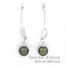 Rhodiated Sterling Silver Earrings and 2 Tahitian Pearls Round C 8.2 and 8.3 mm