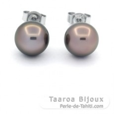 Rhodiated Sterling Silver Earrings and 2 Tahitian Pearls Round C 8.4 mm
