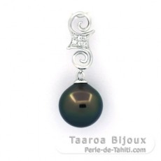 Rhodiated Sterling Silver Pendant and 1 Tahitian Pearl Semi-Baroque C 10.2 mm