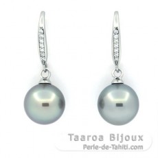 Rhodiated Sterling Silver Earrings and 2 Tahitian Pearls Round C 9.6 mm