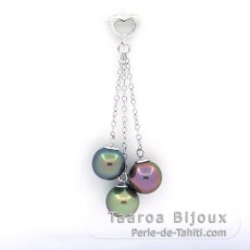 Rhodiated Sterling Silver Pendant and 3 Tahitian Pearls Near-Round B+ 8.6 to 8.8 mm