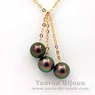 18K solid Gold Chain and 3 Tahitian Pearls Round A+ from 8.5 to 8.8 mm
