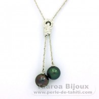 Rhodiated Sterling Silver Necklace and 2 Tahitian Pearls Round C+ 10.7 mm